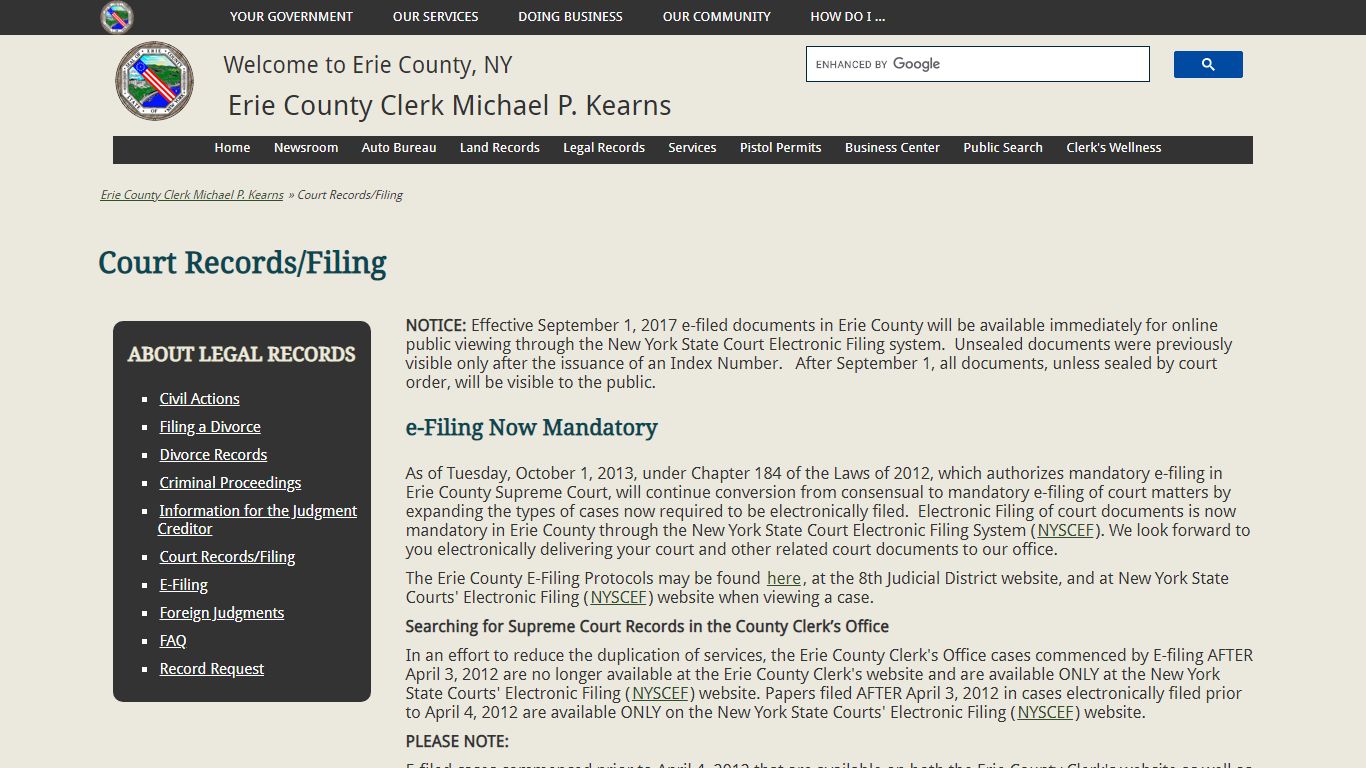 Court Records/Filing | Erie County Clerk Michael P. Kearns